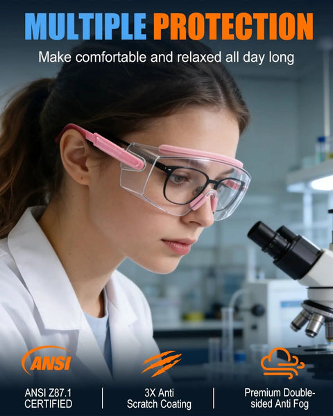 Woman wearing Over Eyeglasses Safety Glasses With ANSI Z87.1 Certification Clear UV380 Anti Fog Wraparound Lenses in a lab.