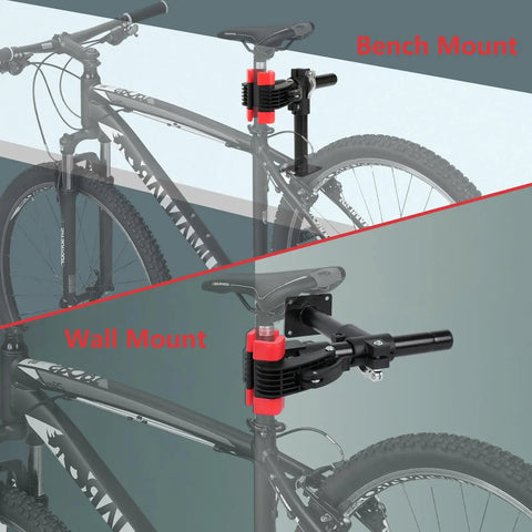 Wall Mount Bike Repair Stand With Height Adjustable Workstand 360 Degree Rotating Clamp To Hold Bikes At Any Angle setup