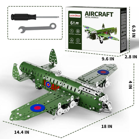 STEM Airplane Building Kit With 389 Pieces For Kids Ages 8 To 12, green metal model plane with tools and packaging