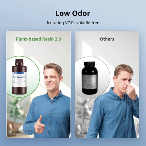 Comparison of Ultra Low Odor Plant Based 405nm Resin For LCD 3D Printing with regular resin, showcasing low-odor benefits.
