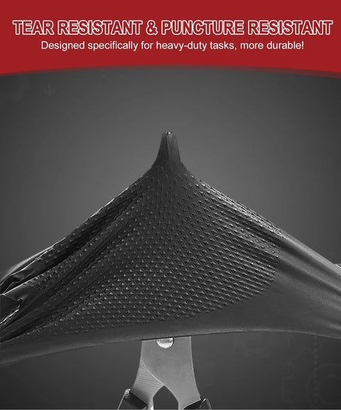 Black nitrile disposable glove with raised diamond texture grip (close-up view)