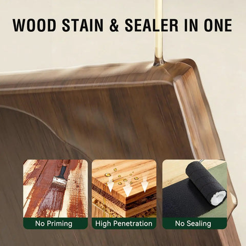 Water Based Wood Stain And Sealer In One Classic Walnut Finish 8.8 Oz Jar applied on wood, showing premium finish and drip.