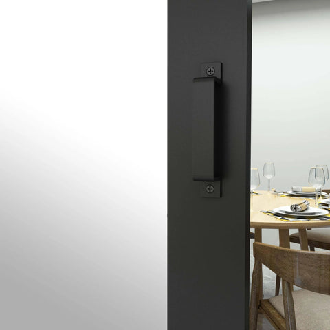 Side view of Dope Mirrored Glass Sliding Barn Door In Black MDF With Hardware Kit And Door Handle showing dining area reflection