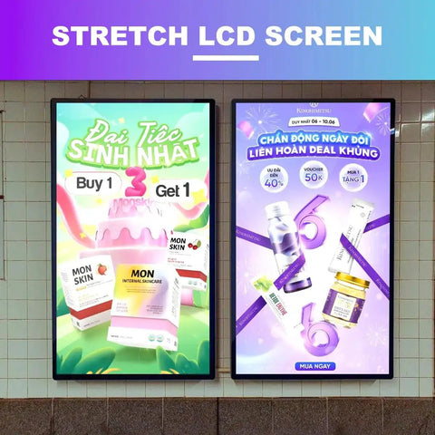 Top Shelf 98 Inch Wall Mounted 4K Digital Signage Display showing promotional ads for skincare products in vibrant colors.