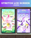 85 Inch Indoor Wall Mount LCD Digital Signage Panel 4K Resolution showcasing promotional events and products in vibrant graphics.