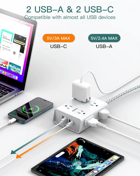12 In 1 Surge Protector Power Strip With 8 AC Outlets And 4 USB Ports Including USB C Fast Charging in use with devices
