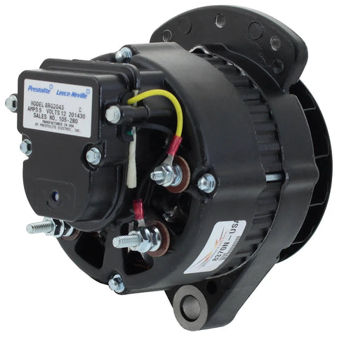 Premium 12V Marine Alternator 90A with external fan, internal regulator, 1-inch mount, USA assembled, side view.