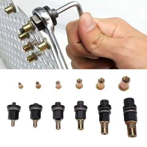 Hand using Heavy Duty Rivet Nut Tool Set M3 To M10 In Carbon Steel With Adapters And 60 Nuts, showing rivet nuts and adapters