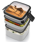 Desert Sand Camel Double Layer Bento Box With Spoon Portable Insulated Lunch Container For Work Travel And Camping Leak Proof Reusable Lunchbox Made From Durable PP Material with open layers.
