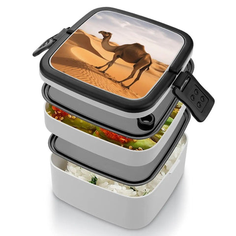 Desert Sand Camel Double Layer Bento Box With Spoon Portable Insulated Lunch Container For Work Travel And Camping Leak Proof Reusable Lunchbox Made From Durable PP Material with open layers.