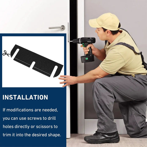 Installation of 20 Pcs Door Hinge Shims Set with Stainless Steel Coated Spacers, handyman aligning door with drill.