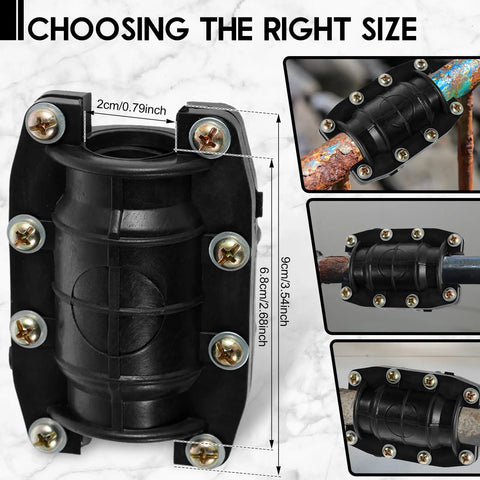 Three Piece Pipe Repair Clamp Kit For Plastic And Metal Pipes Emergency Leak Fix, showing dimensions and application views
