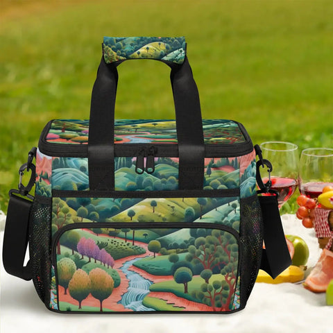 Forest Landscape Insulated Picnic Backpack with Large Storage for Lunch and Snacks, ideal for picnics and outdoor adventures.