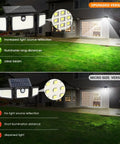 Outdoor Solar Motion Lights For Deck Quick Charge High Brightness With Large Tempered Glass Panel Sensitive PIR Motion Sensor Remote Included 2 Pack Bundle comparison showing upgraded version illuminates lawn and house.