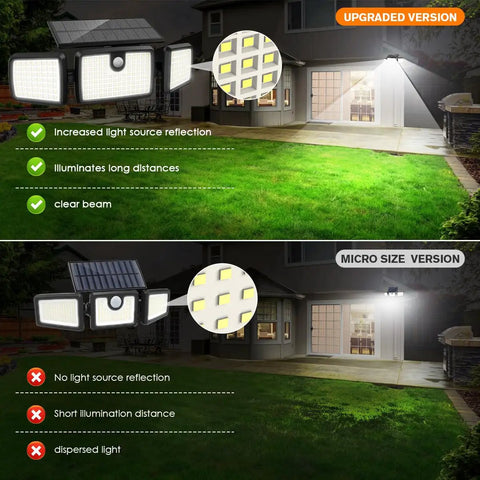Outdoor Solar Motion Lights For Deck Quick Charge High Brightness With Large Tempered Glass Panel Sensitive PIR Motion Sensor Remote Included 2 Pack Bundle comparison showing upgraded version illuminates lawn and house.