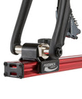 Sprint Bike Repair Stand With Tripod Base And Dropout Style Mount Built To Last Compact Workstand For Road, Mountain, Cyclocross And Triathlon Bikes 360 Degree Rotation For Easy Access Heavy Duty Stability Red, close-up of dropout mount and red support beam.