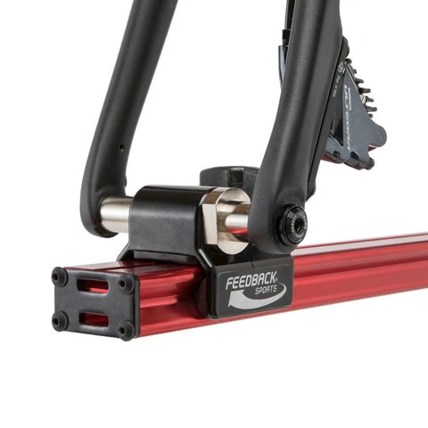 Sprint Bike Repair Stand With Tripod Base And Dropout Style Mount Built To Last Compact Workstand For Road, Mountain, Cyclocross And Triathlon Bikes 360 Degree Rotation For Easy Access Heavy Duty Stability Red, close-up of dropout mount and red support beam.