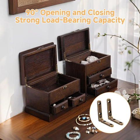 Open jewelry boxes with 12 Pack Tiny Bronze Hinges For Small Wooden Jewelry Boxes With Screws 90 Degree Stop Lid Support 1.18x1.18x0.23 Inch Zinc Alloy Hardware Antique Decorative Craft Hardware For DIY Projects.