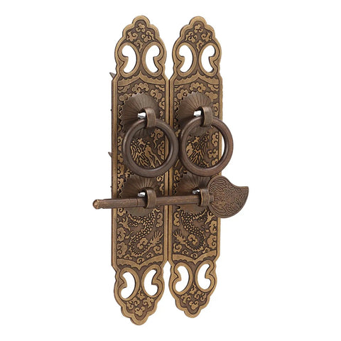 Brass Cabinet Faceplate With Lucky Pattern And Vertical Straight Handle Dope Vintage Oriental Door Pull Plate