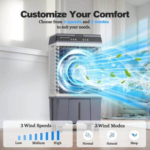 Portable Evaporative Swamp Cooler With 5.3 Gallon Water Tank 1700 Cfm Airflow shows 3 wind speeds and modes indoors.