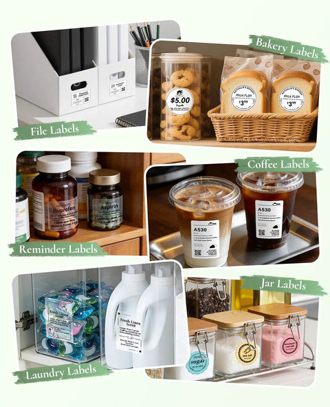 No Sweat Portable Label Maker With Bluetooth And One Touch Offline Printing For Sweet Home Office Organization Ready To Roll Including Tape In Classic Green White Finish labels on organized jars, medications, and baked goods.