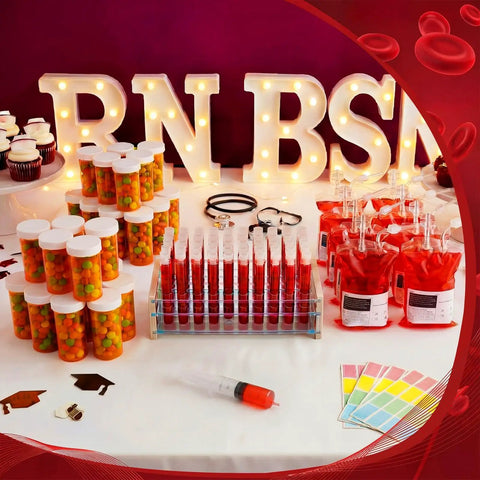 Epic Nursing Graduation Party Supplies Kit 102 Pcs Includes Blood Bag Drink Pouches Empty Pill Bottles 50 Test Tubes Displayed on Table