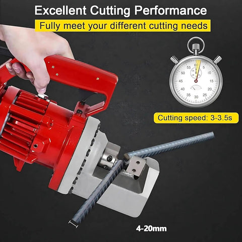 Heavy Duty Electric Rebar Cutter With 1250W Motor Cuts Up To 20mm Steel Bar Fast In Under Four Seconds with stopwatch.