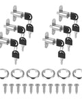 Heavy Duty Push Plunger Locks Loaded With Keys And Hardware For Cabinetry Drawers And Shed Doors Brushed Steel Finish, six locks and keys visible.