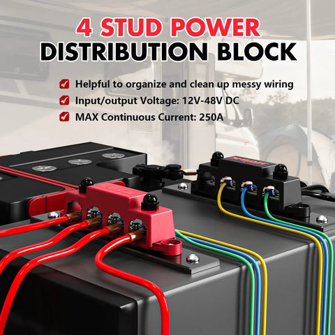 Tough Custom 12V Power Distribution Block With 5/16 Inch Studs And Secure Cover Rock Solid 4 Stud Bus Bar Terminal Kit for Cars Boats and Trucks Plug And Play Red Black Pair Mounted with wires.