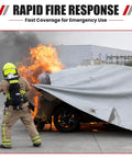 Firefighter using Heavy Duty Silicone Coated Fiberglass Vehicle Fire Blanket Badass Auto Protection Shield For Electric Cars And Trucks.