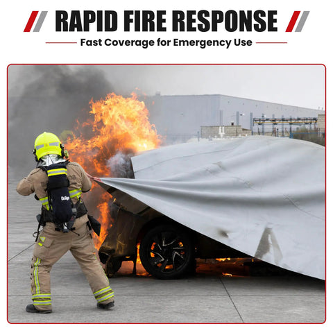 Firefighter using Heavy Duty Silicone Coated Fiberglass Vehicle Fire Blanket Badass Auto Protection Shield For Electric Cars And Trucks.