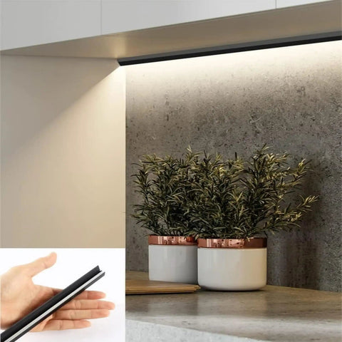 Under Cabinet Lighting Kit 3 Pack 3.3Ft Aluminum Channel LED Closet Lights With Silicone Cover 45 Degree installed view.