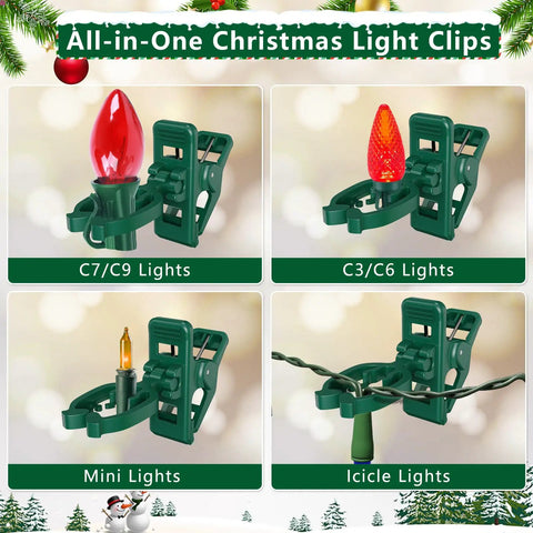 Heavy-Duty C7 C9 Christmas Light Spring Clips 100 Pack Universal Gutter Roof Clips 180-Degree Adjustable for multiple light types.