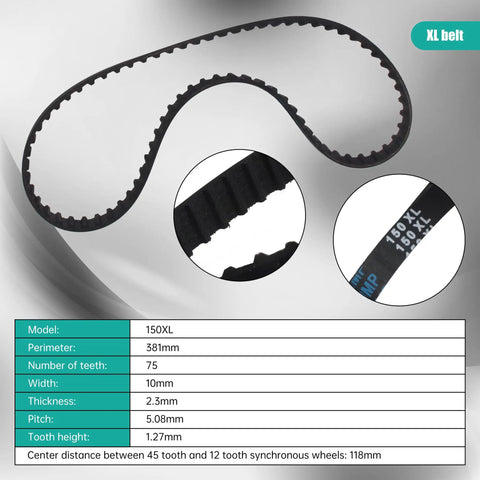 XL belt specifications with model 150XL, 381mm perimeter and tooth details