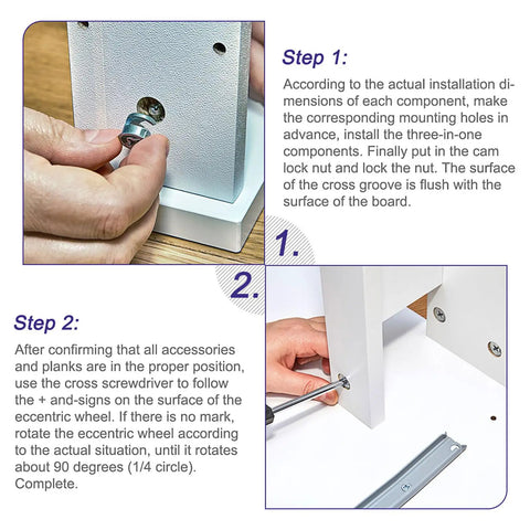Step-by-step installation of Badass Cam Lock Nuts For Furniture Builds showing proper alignment and use of cross screwdriver.