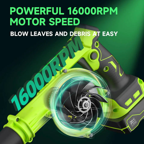 Close-up of cordless leaf blower highlighting 16000RPM motor speed for efficient lawn care, patio, and backyard cleanup.