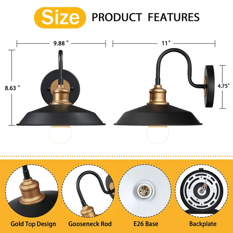 Dope Farmhouse Gooseneck Barn Lights Black Outdoor Wall Sconces for Exterior Use E26 Porch Lights features and measurements.