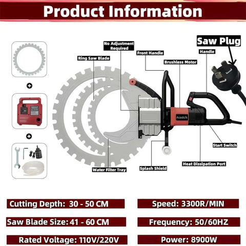 Badass 8900W Brushless Electric Ring Saw Rips Through Concrete With Ease Massive Depth Capacity Up To 500 Mm with 30-50 cm cutting depth.
