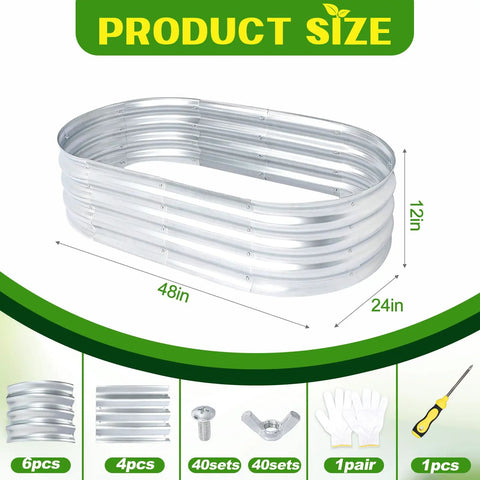 Outdoor Raised Garden Bed Kit, Galvanized Oval Metal Planter Box 120cm L X 60cm W X 30.5cm H, shown with assembly parts.