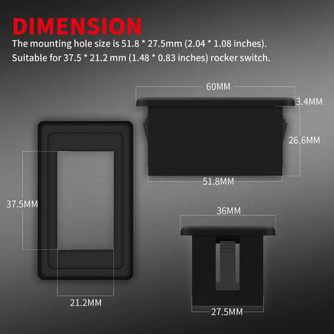 Dimensions of One Slot Rocker Switch Panel Housing Holder Black Plastic Ride Ready Single Mount For Vehicles Marine Boats
