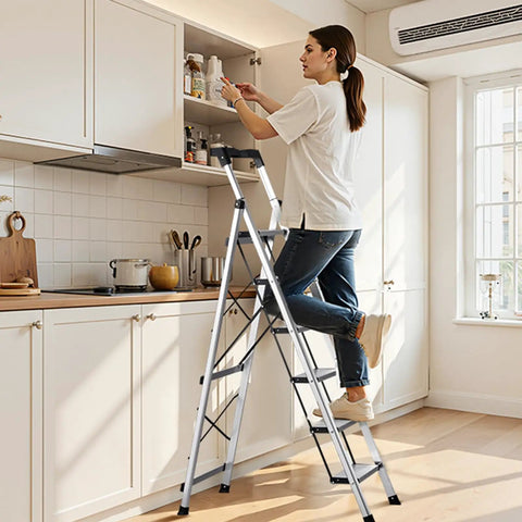 Six Step Folding Ladder With Wide Anti Slip Pedals And Comfort Handgrip Aluminum Portable Stepladder 330 Lbs Capacity Go To Everyday Workhorse For Kitchen Garage Office And Warehouse Lightweight Silver in kitchen