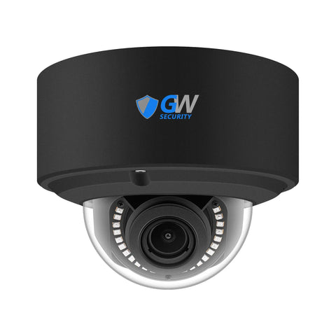 Close-up of a waterproof dome camera from 16 Channel 6K NVR Security System With 16 8MP 4K UHD IP PoE Cams, showing lens and LED lights.