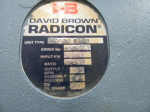 David Brown RADICON C1020WAAQ unit information plate showcasing gear reducer specs and operational data.