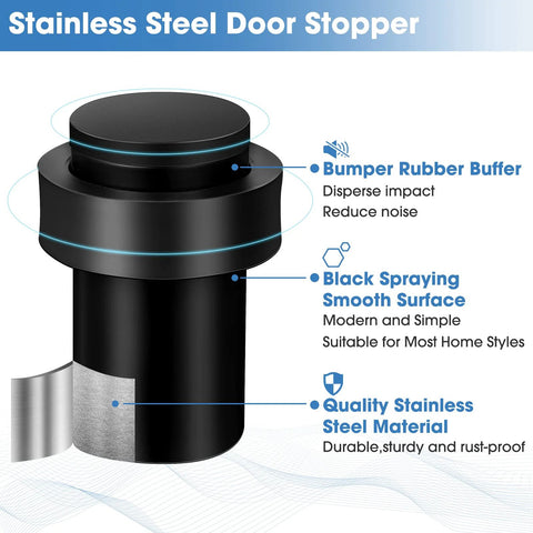 30 Pack Black Stainless Steel Door Stopper Floor Stops Cylindrical Rubber Bumpers description diagram with features labeled.
