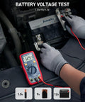 All In One Digital Multimeter For DIYers With Auto Ranging Voltmeter Ohmmeter NCV testing battery voltage on car battery.