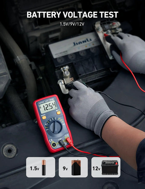 All In One Digital Multimeter For DIYers With Auto Ranging Voltmeter Ohmmeter NCV testing battery voltage on car battery.