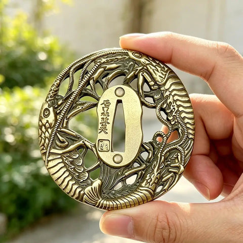 Shrimp Tsuba Brass Guard Fuchi Kashira Japanese Sword Fittings Dope Hand Guard Upgrade for katana and wakizashi close-up
