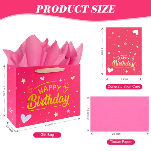 Birthday Gift Bag With Tissue Paper And Greeting Card, 13 Inch Gift Bag With Gold Foil Happy Birthday Design And Ribbon Handles