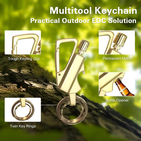 Image detailing the 2 Pack Permanent Match Lighters With Multitool Keychain And Bottle Opener For Camping And Hiking.
