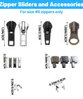 Zipper sliders and accessories for size #5 zippers in 39 Piece Zipper Replacement Kit With Sliders And Pulls Retainer Boxes And Insertion Pins Multi Color Teeth Repair Set For Coats And Bags Including Zipper Head For Easy Fixes.